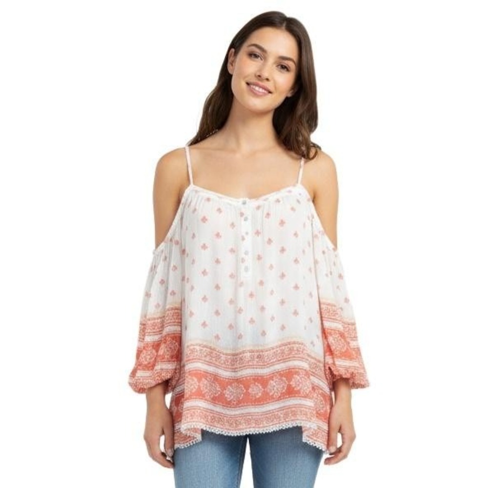 Skies Are Blue Blouse S White Coral Floral‎ Bishop Sleeve Cold Shoulder Top